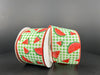 Two rolls of Lime-White Gingham/Watermelon Slices Ribbon, 2.5X10Y 42449-40-43, rest against each other, showcasing red watermelon slices on a lime and white gingham backdrop with red edges and a gray background that enhances the vivid colors.