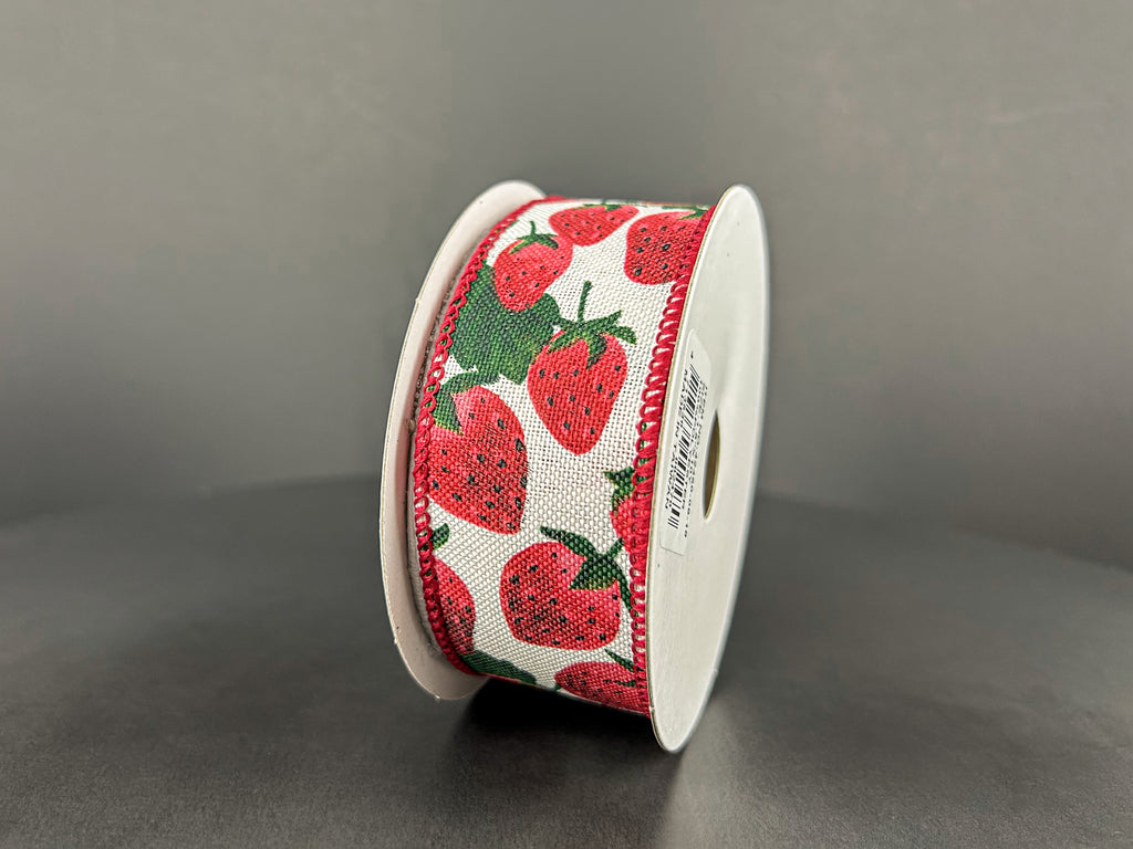 1.5X10Y Ivory Linen/Strawberries Ribbon 42450-09-18 — Trendy Tree