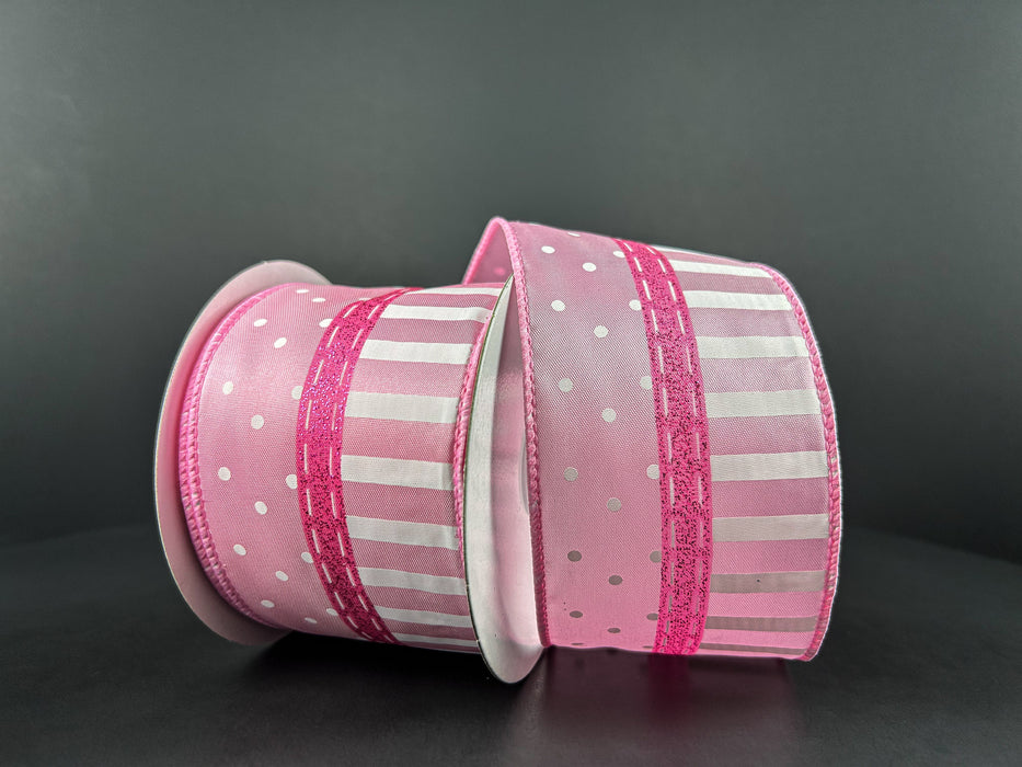 Pink Satin/Glitter Linen-White Dots N Stripes, 2.5"X10Y 42456-40-03