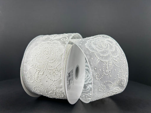A pair of spools featuring White Sheer/White Rose-Pearl Dots, sized 2.5X10Y 42458-40-01, are gracefully set against a dark gray background.