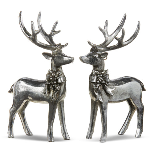 7" Set of Two Silver Deer with Bow Ornament 4312130