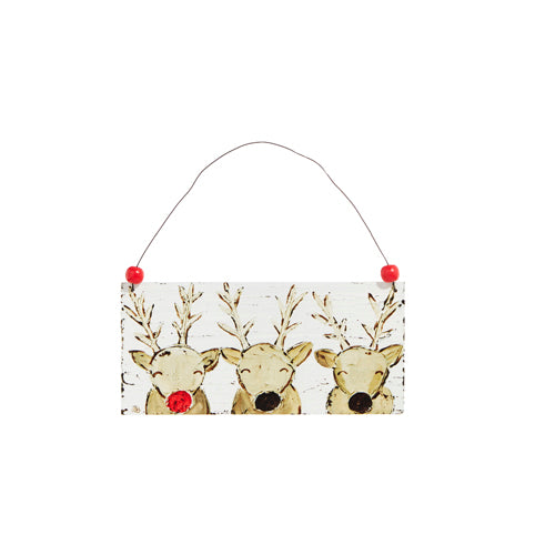The 7 Reindeer Friends Wooden Ornament (4316104) features three stylized reindeer with antlers and round noses; the left one has a bright red nose, while the others are black. Suspended by a wire with red beads, this wooden piece blends metal and wood for rustic appeal.