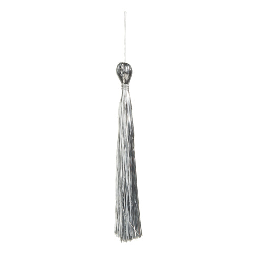 The 8.5 Silver Tinsel Tassel Ornament (4371822) gracefully hangs from a thread, featuring polyester strands gathered in a spherical knot for a dazzling, flowing effect.