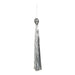 The 8.5 Silver Tinsel Tassel Ornament (4371822) gracefully hangs from a thread, featuring polyester strands gathered in a spherical knot for a dazzling, flowing effect.