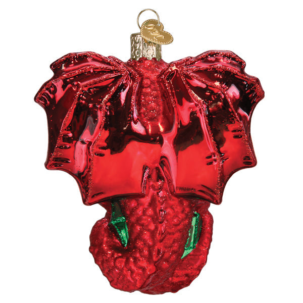Dungeons and Dragons Red Dragon Old World Christmas Ornament 44231 featuring a red dragon with spread wings and a textured tail.