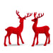 Two 13" red flocked deer figurines with antlers stand facing each other on a white background, perfect accents from the All of the Trimmings Collection. Product: 13" Red Flocked Deer 4432754.