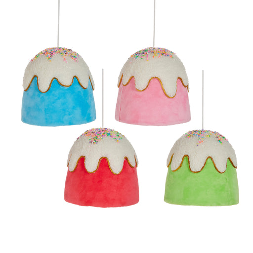 Four 6" Gumdrop Button Ornaments (4503495) shaped like frosted cakes in blue, pink, red, and green with white icing and sprinkles hang by white strings—part of the Holly Jolly Holiday Collection.