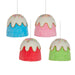 Four 6" Gumdrop Button Ornaments (4503495) shaped like frosted cakes in blue, pink, red, and green with white icing and sprinkles hang by white strings—part of the Holly Jolly Holiday Collection.