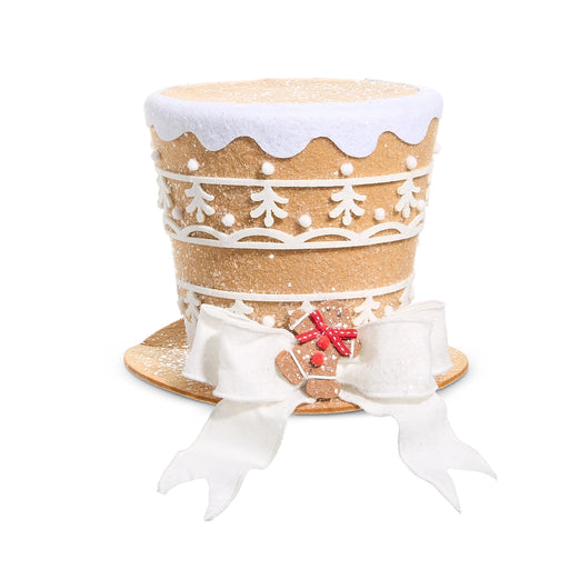 The 8.5" Gingerbread Top Hat (4516562) features festive white icing patterns, pom-poms, and a bow with a gingerbread man and red present—ideal for adding holiday cheer to your décor.