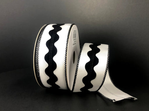A partially unrolled roll of 1.5X10Y White Black Ribbed Satin Rick Rack Center Ribbon (45353-09-01) with stitched edges against a black background.