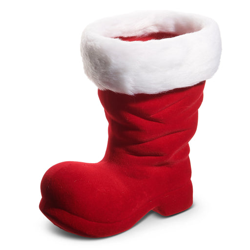The 10.5" Red Flocked Boot 4540873 from the Treasured Moments Collection features a fluffy white cuff and resembles Santa Claus’s boot, standing upright on a white background.