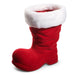 The 10.5" Red Flocked Boot 4540873 from the Treasured Moments Collection features a fluffy white cuff and resembles Santa Claus’s boot, standing upright on a white background.