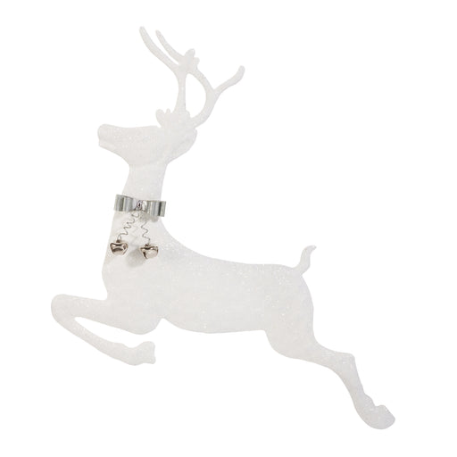 The 15" White Deer Wall Art (4550828) from the Season's Frost Collection features a glittery white, left-facing deer with large antlers, silver collar, and two small bells—an elegant holiday accent for your wall.