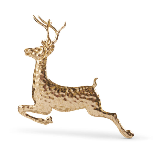 A 15" gold deer wall art (4550830), inspired by the Winterberry Collection, features a leaping stag with detailed antlers, crafted from fine metal sheet and displayed against a white background.