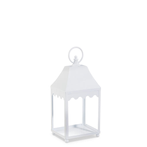 The 13.5" White Lantern 4559223 features a square base, scalloped edges, and a round handle—an elegant decorative accent that adds holiday charm to any space, shown here against a plain white background.