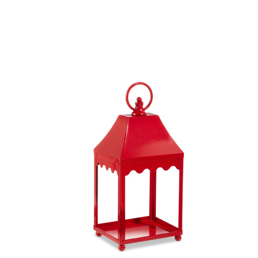 The 13.5" Red Lantern 4559225 from the Make It Merry Collection features a square base, open sides, a pointed roof, and a round handle on top, shown against a plain white background.