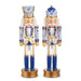Elevate your blue and white Christmas decor with the 14.75″ Chinoiserie Nutcracker Christmas Figure (RAZ 4623009), featuring intricate blue, white, and gold chinoiserie patterns, gold details, a blue hat, and a classic white beard—all set atop a gleaming gold base for the perfect festive accent.