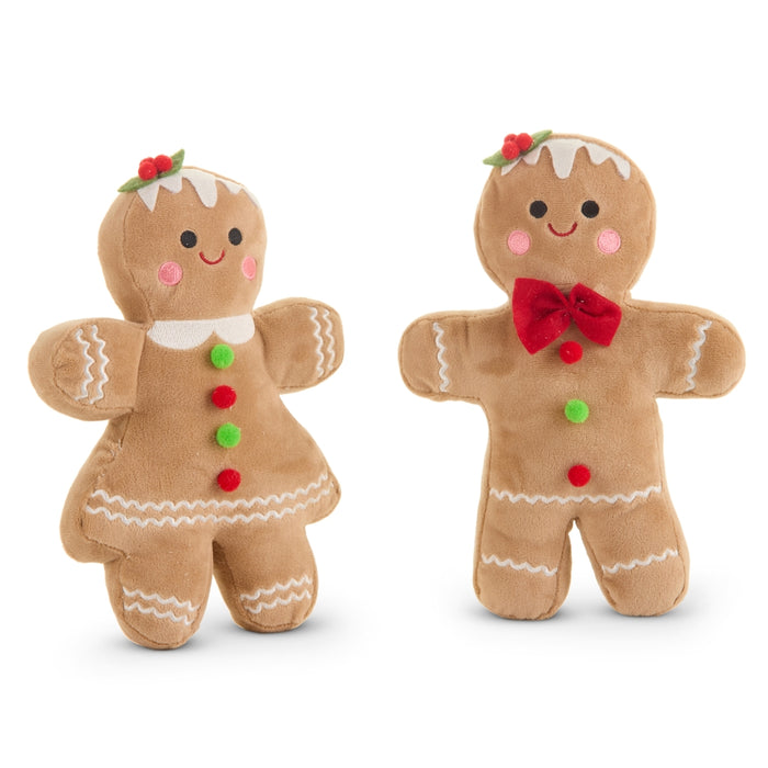 Enhance your Christmas decor with the 9″ Plush Gingerbread Couple Christmas Decorations (RAZ 4623374). This adorable set features one gingerbread figure in a dress with white trim and holly accents, and the other sporting a red bowtie and buttons. Both have cheerful faces, pink cheeks, and festive details—making them perfect for any gingerbread-themed display.