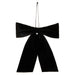 Introducing the 12.5″ Black Velvet Bow Ornament (RAZ 4631124): A large, ready-made velvet bow in black with long, trailing tails and attached to a thin hanging loop—perfect for elegant Christmas décor. Shown here against a plain white background.