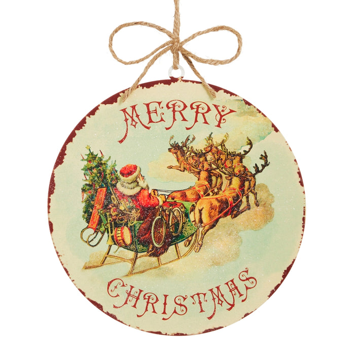 Elevate your holiday décor with the 8″ Rustic Merry Christmas Santa Disc Ornament (RAZ 4636646)—a RAZ exclusive. This round ornament features a vintage-inspired illustration of Santa Claus riding in a sleigh drawn by reindeer, loaded with gifts and a Christmas tree. “Merry Christmas” appears in cheerful red lettering, while a twine loop at the top makes it easy to hang this charming vintage Santa ornament as the perfect festive accent for your Christmas tree.