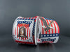 Two spools of 2.5X10Y White Linen/Liberty Bell Ribbon showcase American patriotic designs: one wired with the Liberty Bell on red and white stripes, and the other featuring an eagle with wings outstretched, both adorned with stars and a blue border.