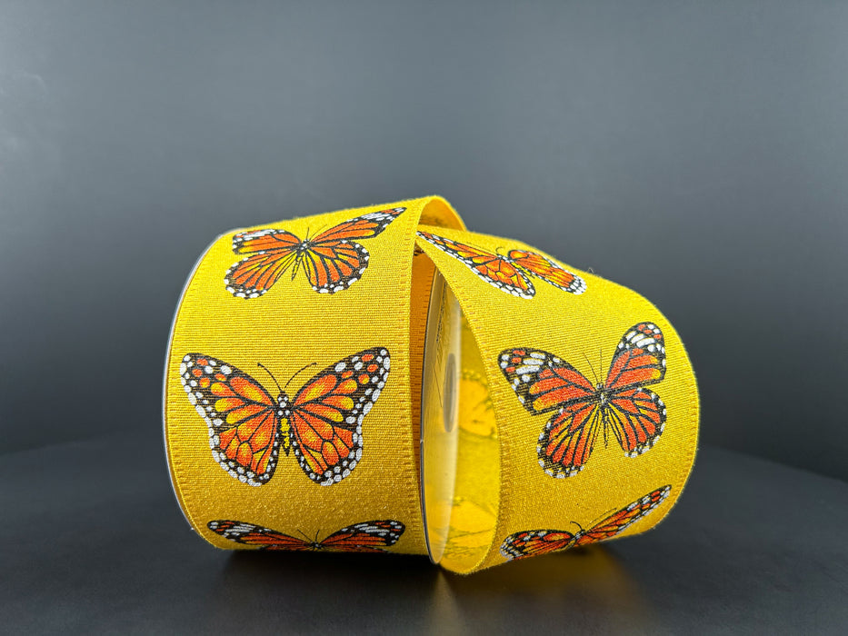 2.5"X10Y Yellow Fuzz Linen/Monarch Butterfly Ribbon 46406-40-22
