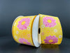 Two rolls of the 2.5"X10Y Yellow Linen/Giant Daisies Ribbon feature pink and white floral designs with prominent giant pink daisies and small white flowers on a dark gray background.