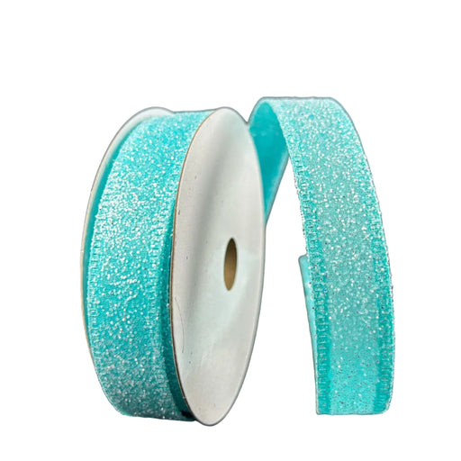 Two rolls of 7/8X10Y Aqua Candy Glittered Satin Ribbon 46420-05-45 are shown against a gray background, with one standing upright and the other lying flat, highlighting the textured sparkle of the shimmering light blue design.