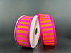 Two spools of the 1.5X10Y Fuchsia Satin-Orange Stripes/Orange Edge Ribbon are displayed upright, elegantly wrapped around white cylindrical cardboard holders against a dark backdrop.