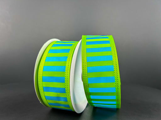 Two spools of 1.5X10Y Turquoise Satin-Lime Stripes With Lime Edge Ribbon 46426-09-29 stand on a dark surface against a gray background, with wired cylindrical ribbons inclined and turquoise and green stripes bordered by a solid green edge.