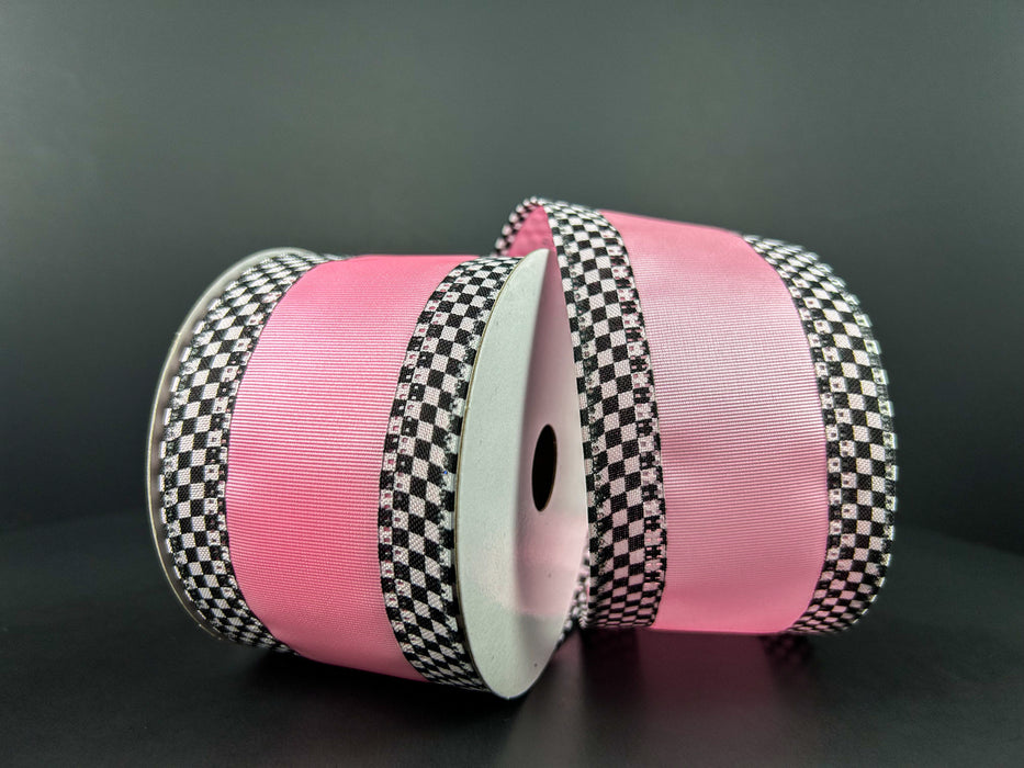 Pink Ribbed Satin/Black & White Chex Edge, 2.5"X10Y 46427-40-03