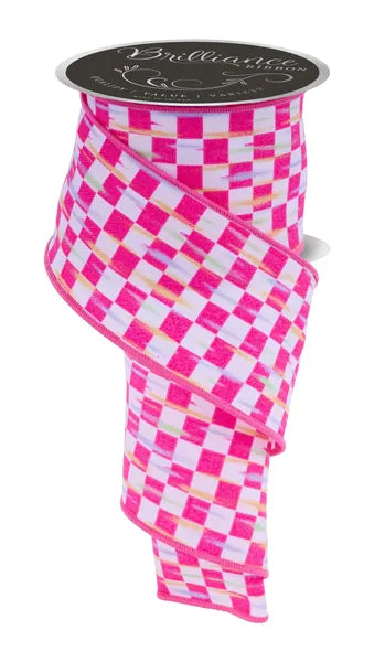 A spool of White Hot Pink Mini Antique Checkerboard Ribbon, 2.5 inches by 10 yards (LS314711), with pink, white, and yellow checks, soft fabric texture, and slight shine sits partially unwound upright against a white background.