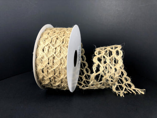 The 1.5X10Y Natural Hex Open Weave Ribbon 47386-09-15 is showcased against a black background, perfect for rustic decor with its intricate open lace pattern. Spooling elegantly to the right, its ideal for wreath making.