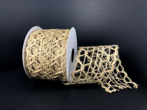 The 2.5X10Y Natural Hex Open Weave Ribbon (47386-40-15) in natural jute, featuring an open, net-like pattern and textured design, is shown partially unrolled against a black background.