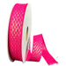 A roll of 5/8" fuchsia ribbon with iridescent metallic dash weave, partially unspooled to show wired edges and shimmering texture.