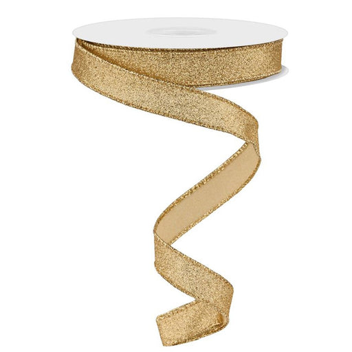 5/8 inch gold shimmer glitter ribbon with wired edge, available at Trendy Tree