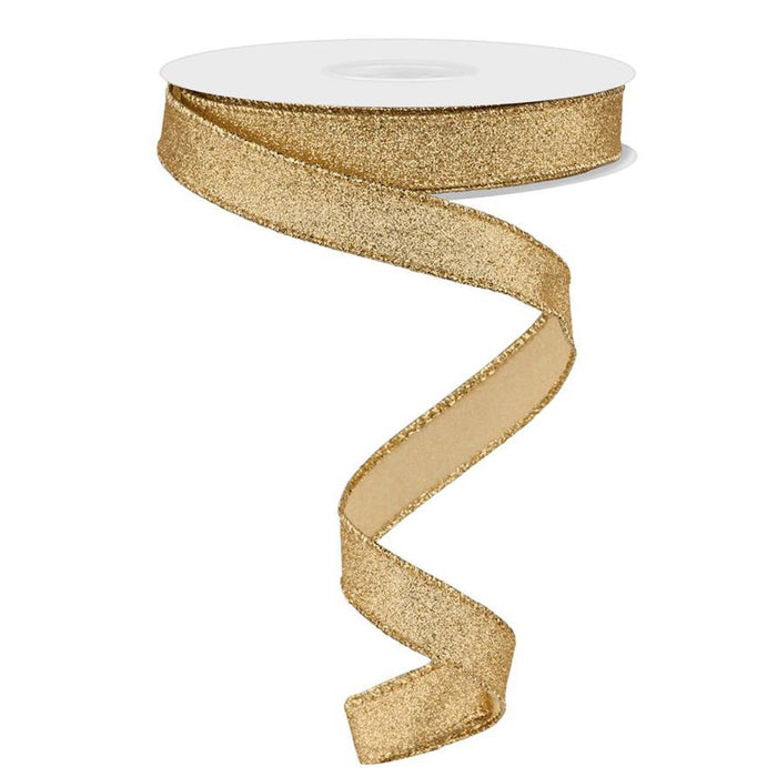 5/8 inch gold shimmer glitter ribbon with wired edge, available at Trendy Tree