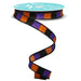 5/8" wired ribbon with glitter purple, orange, and black stripes – great for Halloween crafts and decorations.