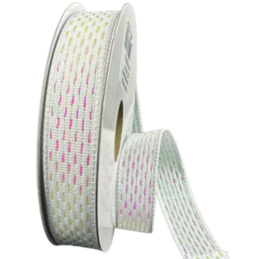 5/8" white woven ribbon with fine iridescent dash pattern in pastel colors, partially unspooled to show wired edge and soft shimmer effect.