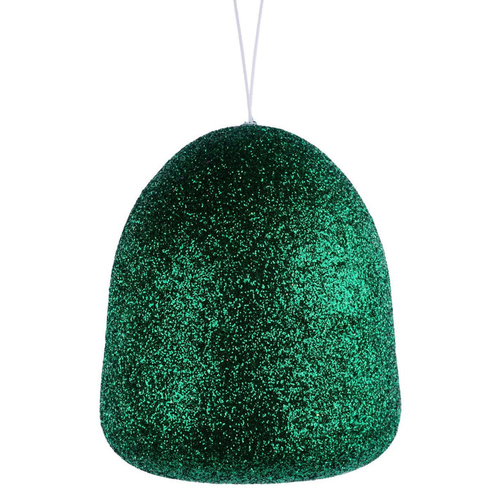 The 5 Inch Emerald Green Glitter Gumdrop Ornament (XJ711706) features a dome shape covered in glitter and hangs by a thin white string against a white background.