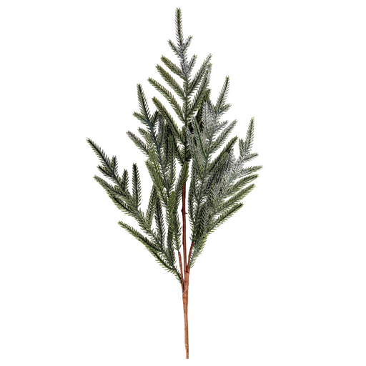 The 24 Snowy Sparkle Real Touch Norfolk Pine Spray (510726) features green needles with light white flocking for a snowy effect, shown against a white background.