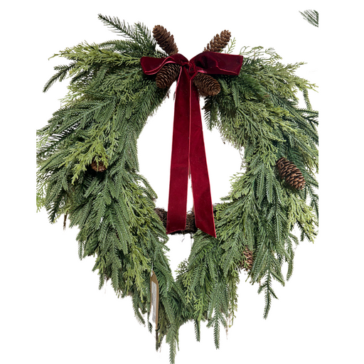 The 24 Holiday Pines Heart Wreath with Burgundy Ribbon Bow (510760) features festive pines, pinecones, and a rich burgundy bow for an elegant seasonal accent.
