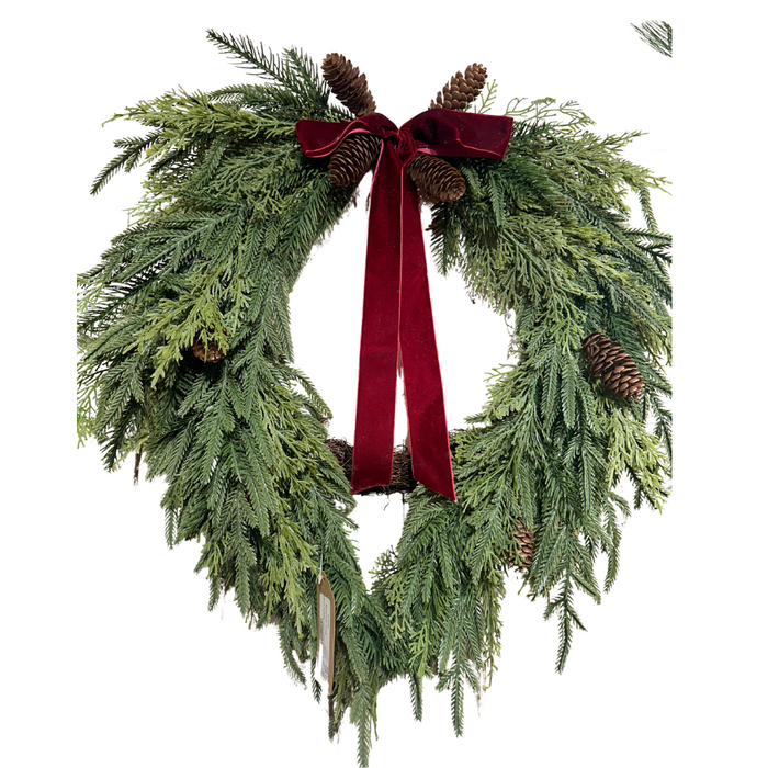 The 24 Holiday Pines Heart Wreath with Burgundy Ribbon Bow (510760) features festive pines, pinecones, and a rich burgundy bow for an elegant seasonal accent.
