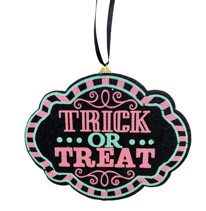 9.5 by 8" Mixed Pink Trick or Treat Sign Ornament 56596MIPK