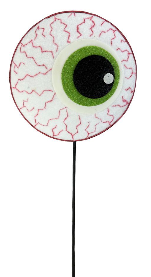 A whimsical, oversized Halloween Eyeball Spray measuring 21 inches by 7 inches is mounted on a black stick. This eerie decoration features an eye with a green iris, a large black pupil accentuated by a white highlight, and prominent red veins coursing through the white sclera. Ideal for spooky Halloween decor or as an eerie addition to your setup.