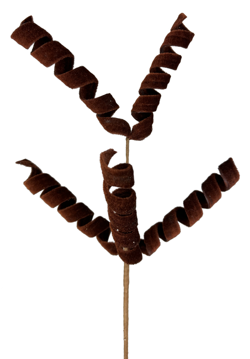 The 16 Chocolate Frizzy Curly Pick with 5 Stems (57063CHO) features five spiral, fuzzy brown stems branching from a brown stick, resembling curly ribbons or coiled caterpillars against a black background.