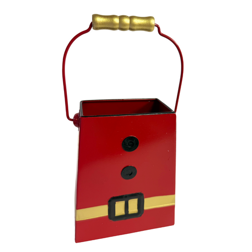 The 8 by 6.5 Santas Outfit Metal Bucket with Handle (570702) features a gold handle, black buttons, and a gold belt buckle design that resembles Santa Claus’s suit.