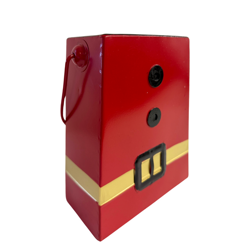 8 by 6.5 Santas Outfit Metal Bucket with Handle (570702) features red metal with a yellow stripe, two black circles, and a black square with yellow sections on the front. Includes a red handle—perfect for festive holiday decor.