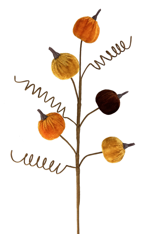 The 18" Fall Pumpkin Pick, item number 57076FA, features a decorative branch adorned with twisted tendrils and five small pumpkins in a blend of orange and brown velvet, forming an elegant autumn-themed arrangement. The black background beautifully accentuates this charming piece.