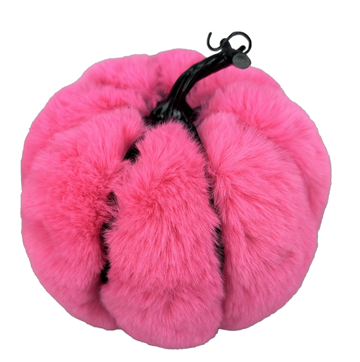A 7" by 7.5" Hot Pink Décor Fur Pumpkin (model 57120BT) with a soft fur-like texture rests against a black background, its visible black stem providing a striking contrast to the vibrant decoration.